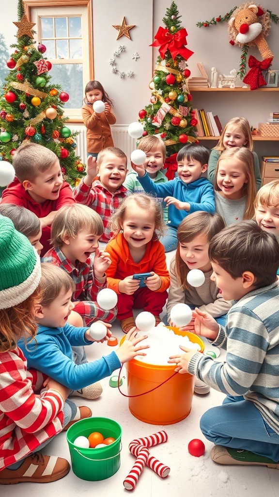 Children enjoying fun Christmas games, including tossing snowballs and playing charades, in a festive setting.